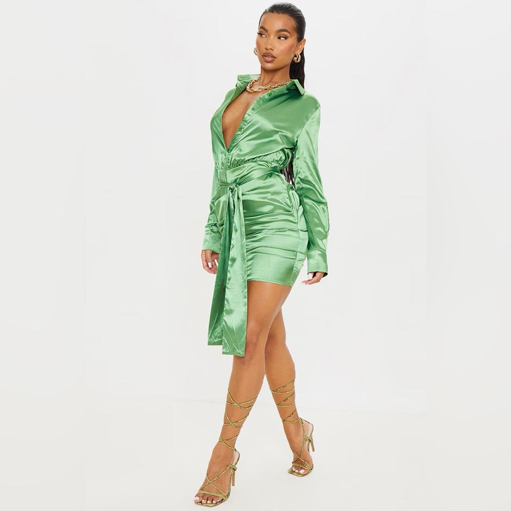 NWT Pretty Little Thing Green Satin Ruched Long Sleeve Shirt Dress Size US 2